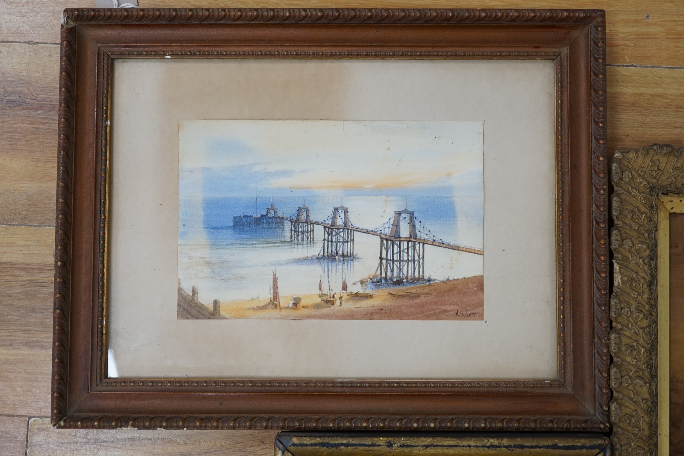 Two Victorian crystoleums including after Edmond Louyot (French, 1861-1920), Children on a beach, copyright 1906 by Franz Hanfstaengl, and a 19th century watercolour of a pier by W.A. Earp, 25 x 16cm. Condition - fair